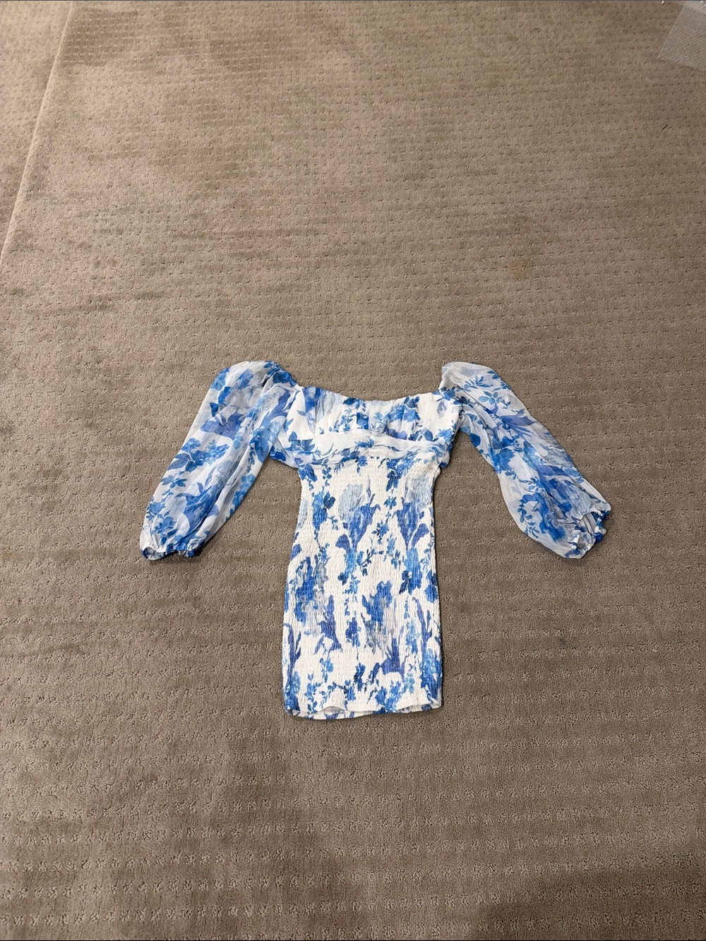 Selfie Leslie Blue and White Floral Off-Shoulder Mini Dress